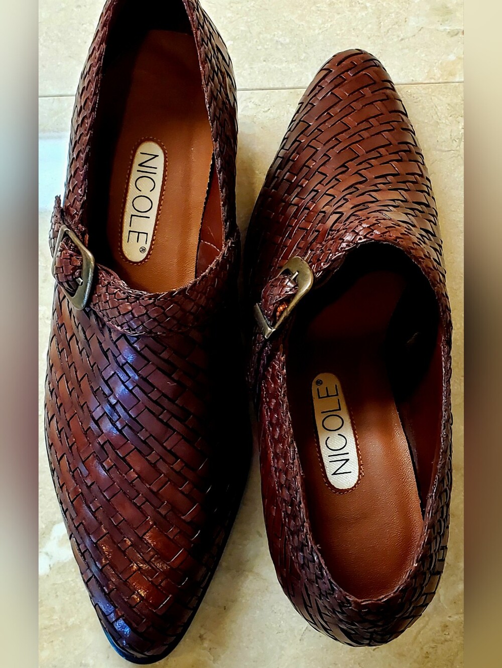 Nicole by Nicole Miller Victoria 7.5M Woven Leather Buckle Mules in Dark Brown - Picture 9 of 13